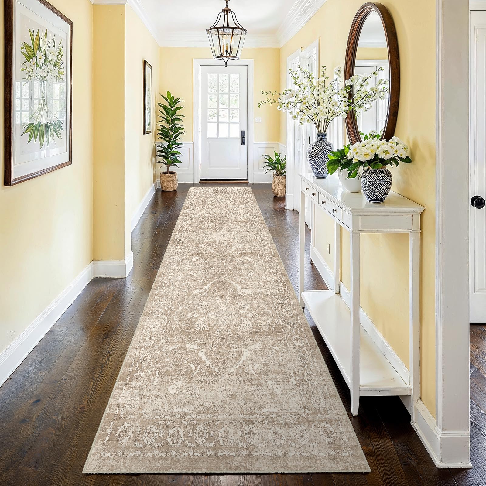 2'6"x12 Washable Runner Rug: Vintage Non-Slip Rug for Kitchen NaturalBeige