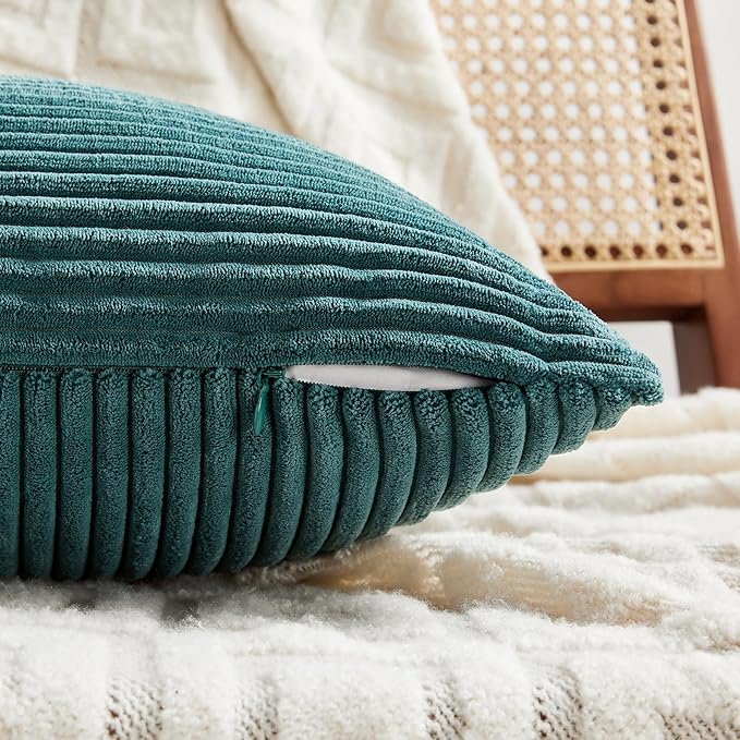 Fancy Homi 2 Packs Teal Lumbar Decorative Throw Pillow Covers 16x32 Inch for Living Room Couch Bed Sofa, Rustic Farmhouse Boho Home Decor, Soft Striped Corduroy Rectangle Accent Cushion Case 40x80 cm