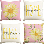 AVOIN colorlife Home Sweet Home Spring Summer Flowers Pink Throw Pillow Covers, 18 x 18 Inch White Cushion Case for Sofa Couch Set of 4