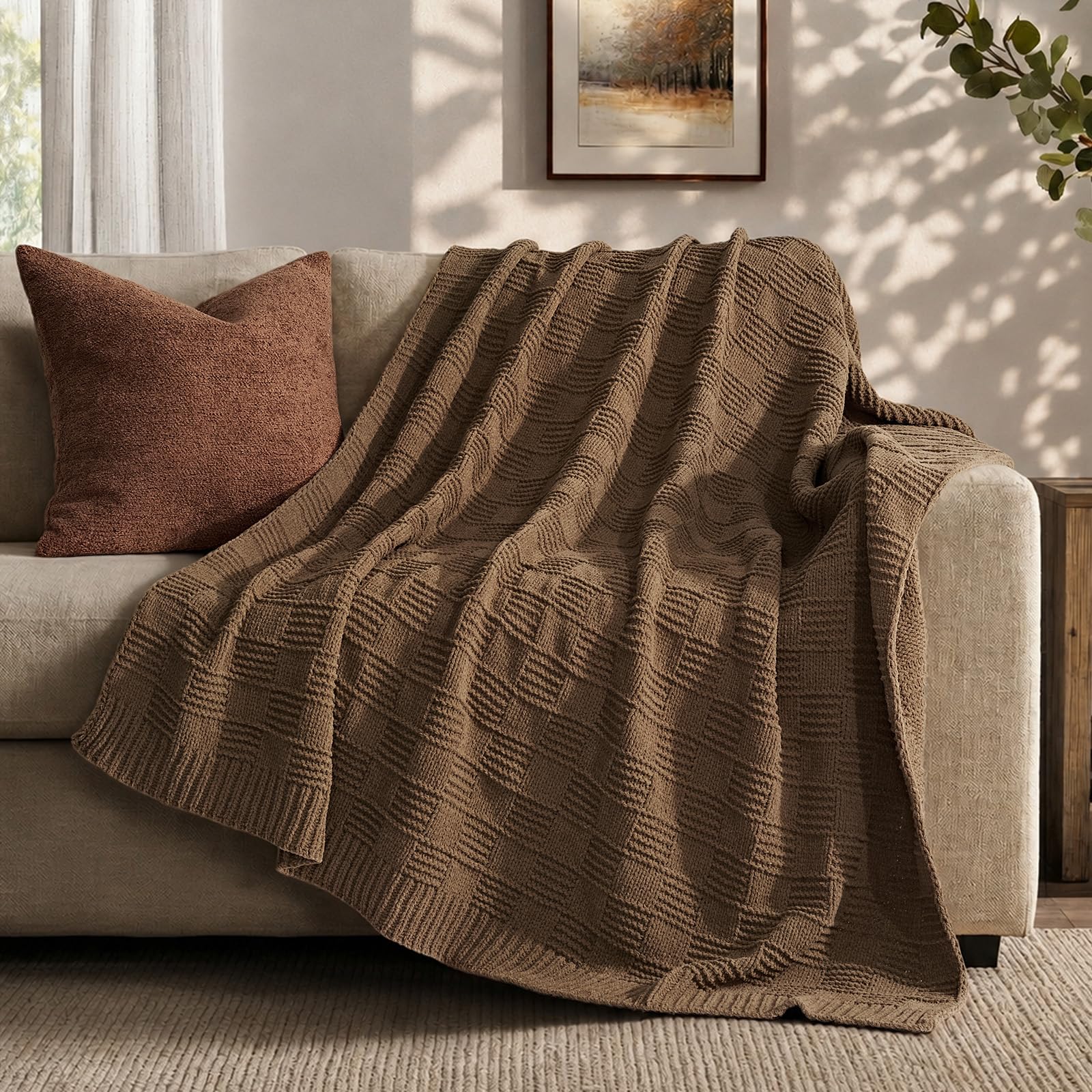 EVERGRACEHOME Modern Checkered Chenille Throw Blanket, 50x60, Camel Brown