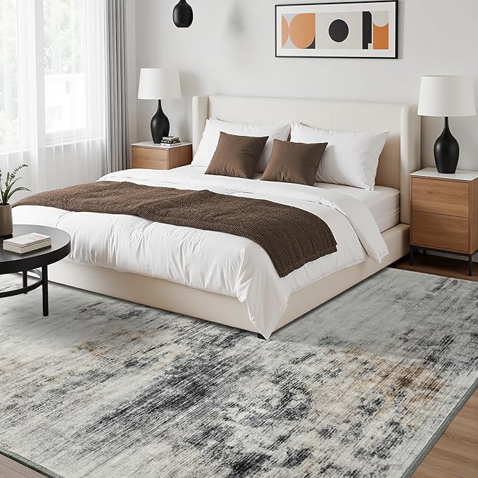 Toneed Abstract Area Rug Modern Washable Rug Soft Non Slip Rug Low Pile for Bedroom Living Room Dining Room Grey/Brown 4x6 Feet