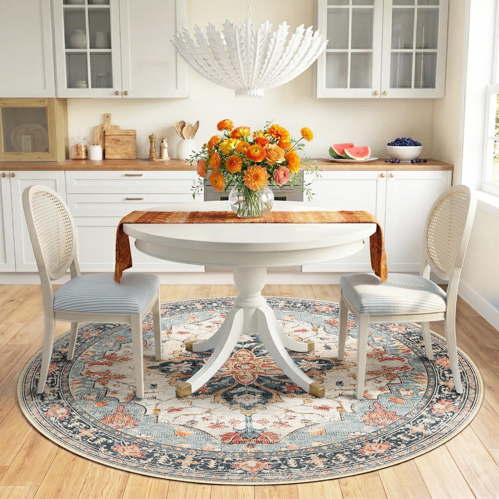 RELEANY Washable Area Rug, Round 6ft, Beige/Blue/Orange