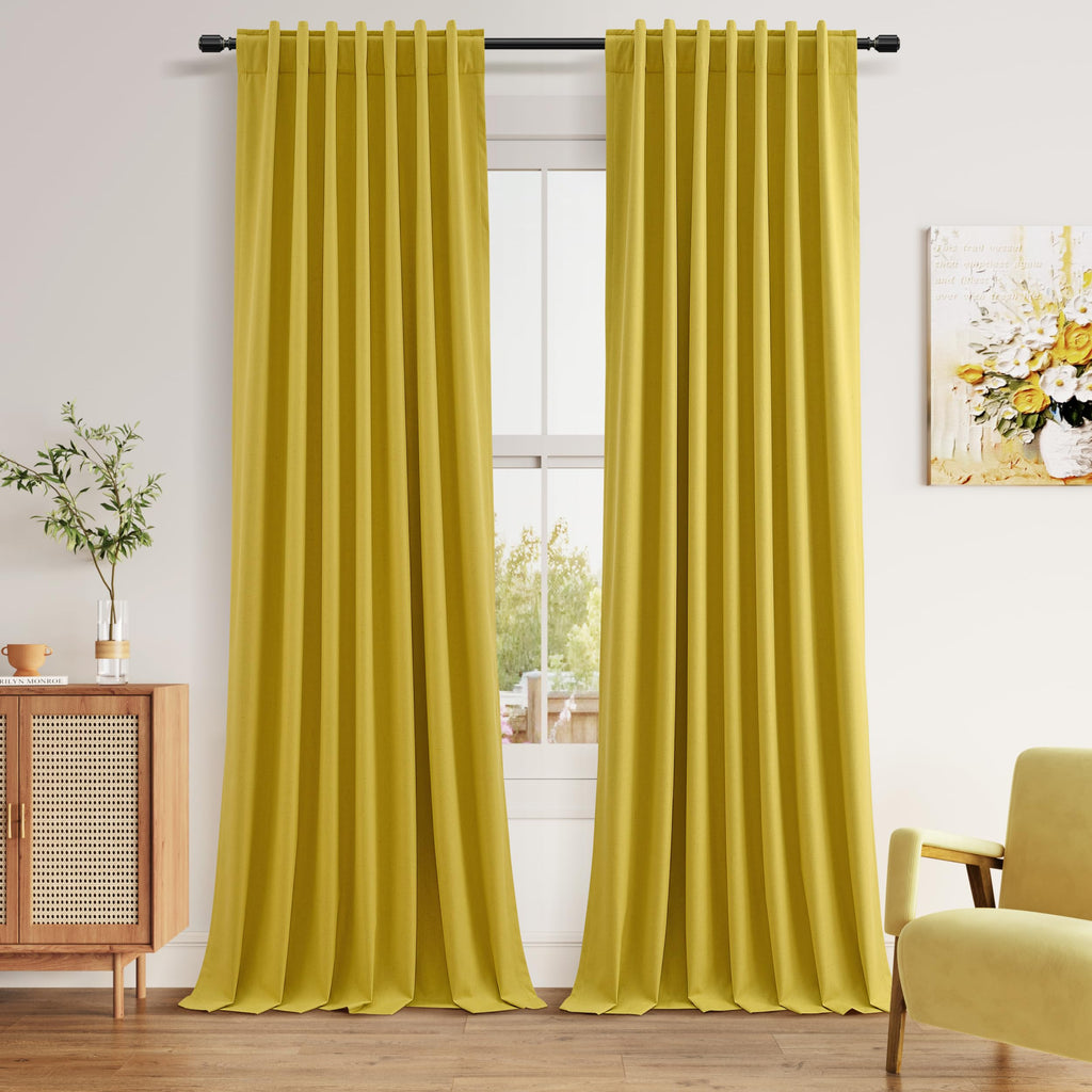 Guken 100% Blackout Curtains 84 Inch Length 2 Panels Set for Living Room Bedroom Back Tab Thermal Insulated Black Out Linen Drapes Room Darkening Celery Yellow,52x84