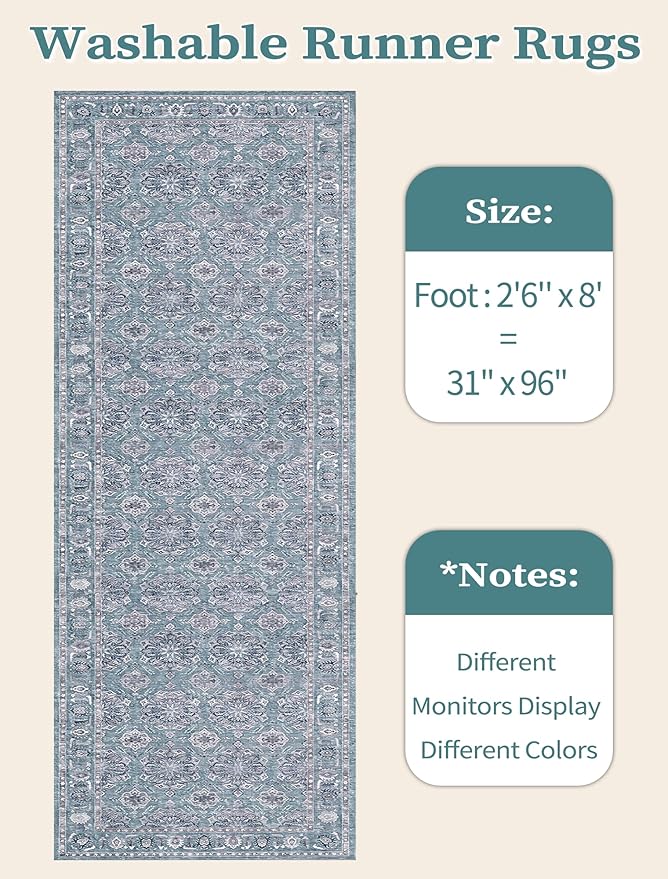 SERISSA Boho Washable Runner Rug, 2'6"x8' Non-Slip Vintage Floral Hallway Kitchen Runner Rug Ultra Soft Print Distressed Blue Grey Floor Carpet for Bedroom Bathroom Laundry Room
