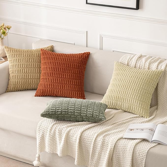 MIULEE Corduroy Decorative Throw Pillow Covers 18x18 Light Olive Pack of 2