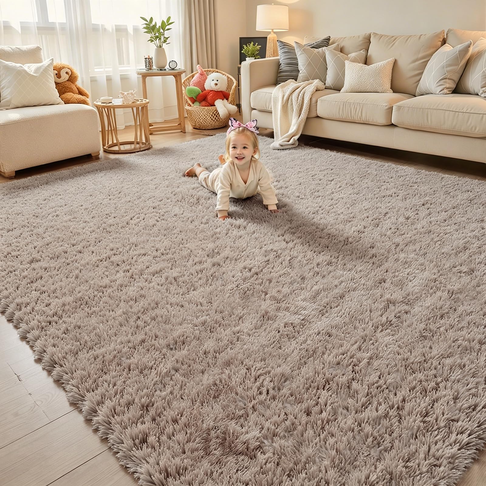 Area Rugs10x14 for Living Room,Beige Large Shaggy Carpet Plush Furry Rug