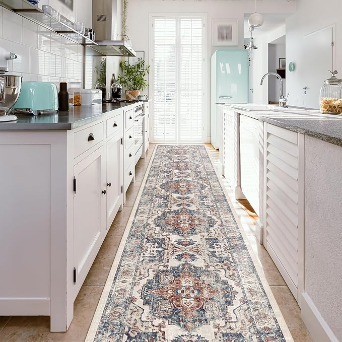 Hallway Washable Runner Rug - 2'6x14 Kitchen Rugs Entryway Rug Runner Vintage Soft Floor Mat Non Slip Indoor Farmhouse Carpet for Bathroom Living Room Bedroom (2'6''x14', Brick)