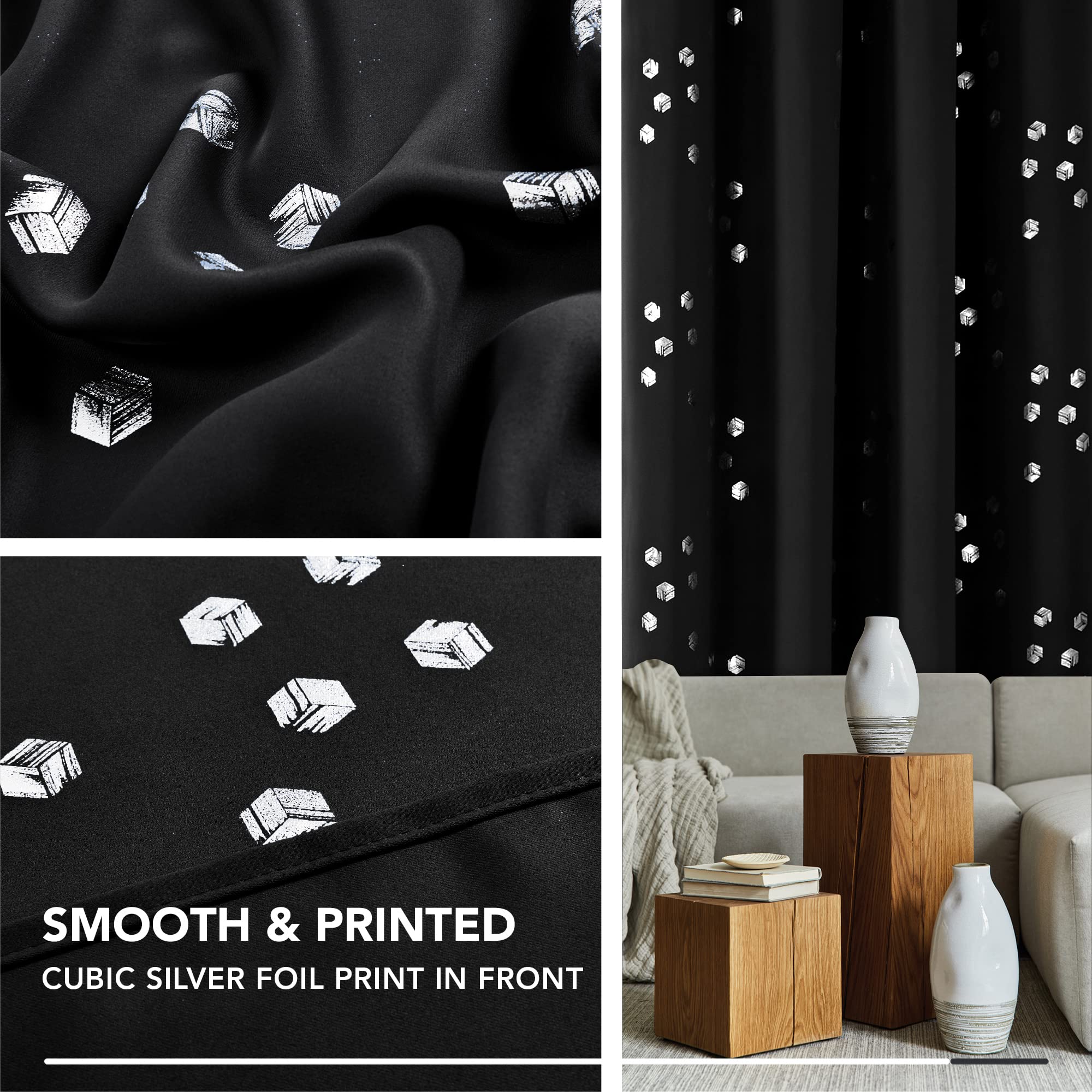 Deconovo Blackout Curtains, Black Thermal Insulated Grommet Drapes, Silver Cubic Foil Print, Energy Saving Curtains, 52" W x 95" L, 2 Panels, for Bedroom Living Room Patio Door