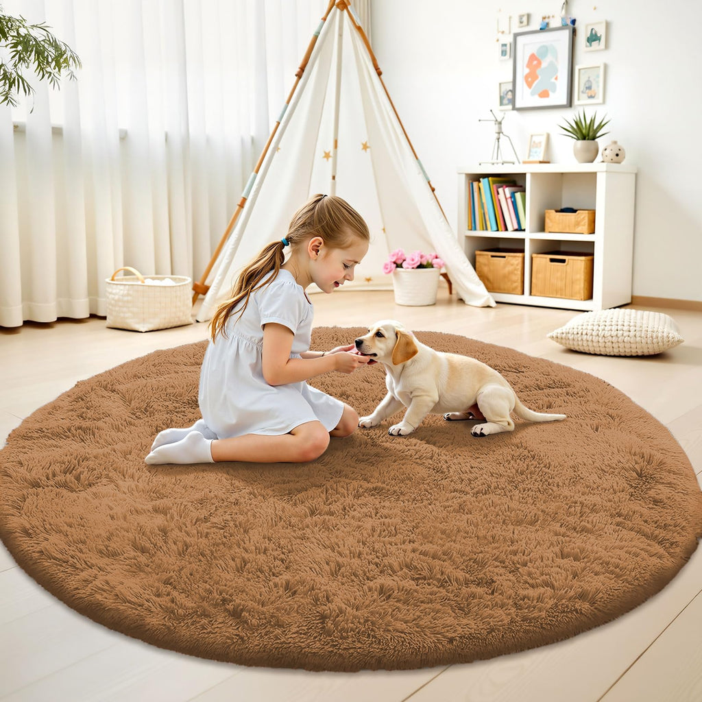 OLANLY Khaki Round Rugs for Bedroom - Machine Washable, 6 ft Circle Area Rugs for Living Room, Soft and Fluffy Shaggy Carpet for Teen Girl and Boys, Nursery Rooms, Dorms, Home Decor Aesthetic