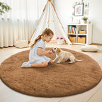 OLANLY Khaki Round Rugs for Bedroom - Machine Washable, 6 ft Circle Area Rugs for Living Room, Soft and Fluffy Shaggy Carpet for Teen Girl and Boys, Nursery Rooms, Dorms, Home Decor Aesthetic