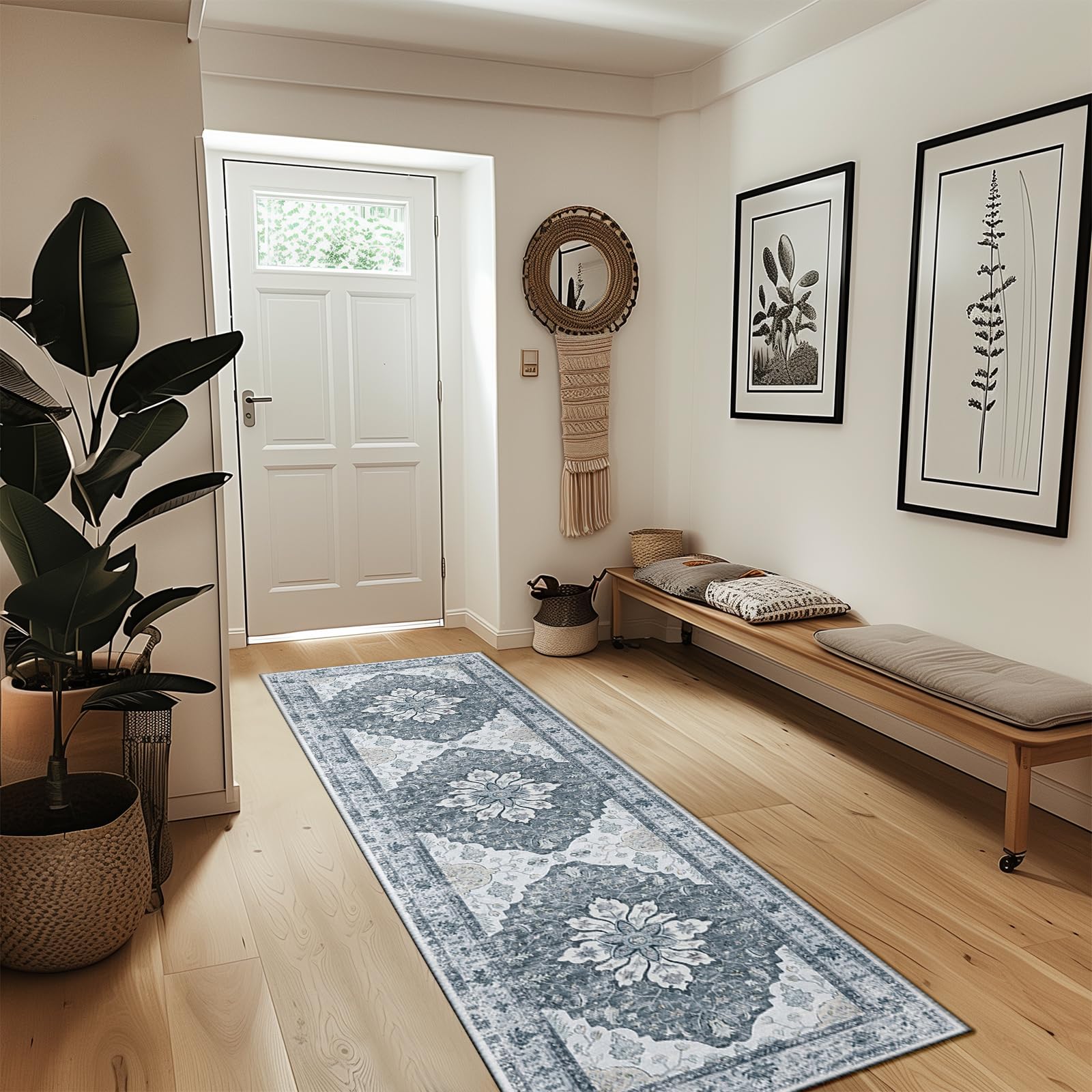RELEANY Washable Area Rug, Runner 2'x8', Grey/White/Beige