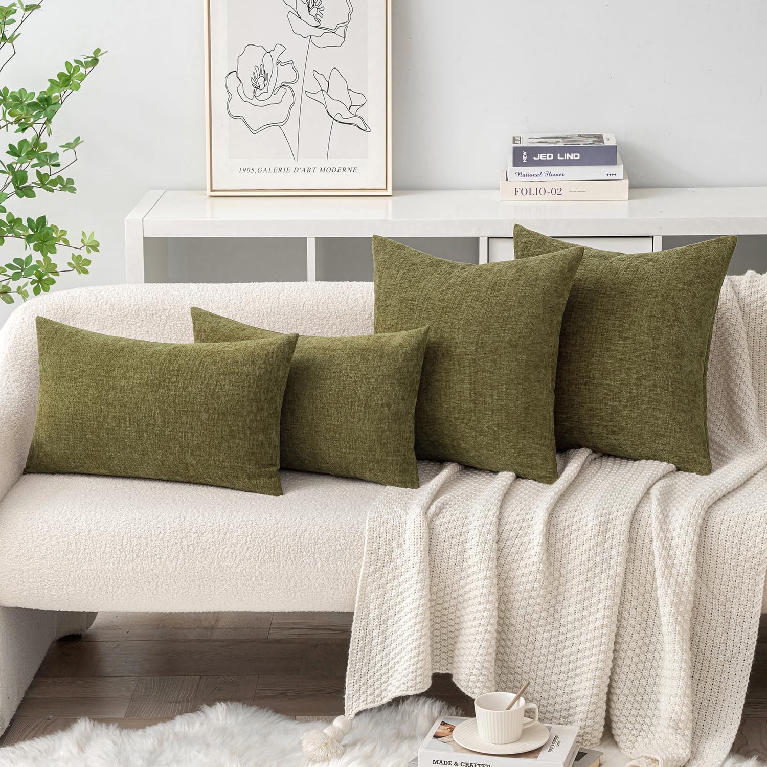 MIULEE Soft Chenille Throw Pillow Covers Olive Green 18x18 Inch Pack of 2