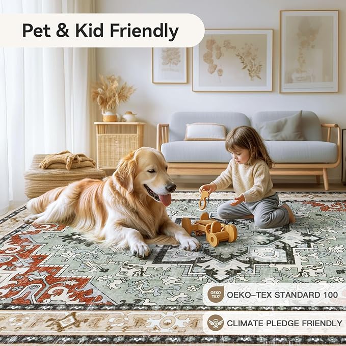 Lofus 6x9 Area Rugs for Living Room, Floral Washable Area Rug for Bedroom, Office, Dining Room, Non-Slip Vintage Boho Rug, Low-Pile Soft Carpet, Traditional Oriental Style, Beige Orange