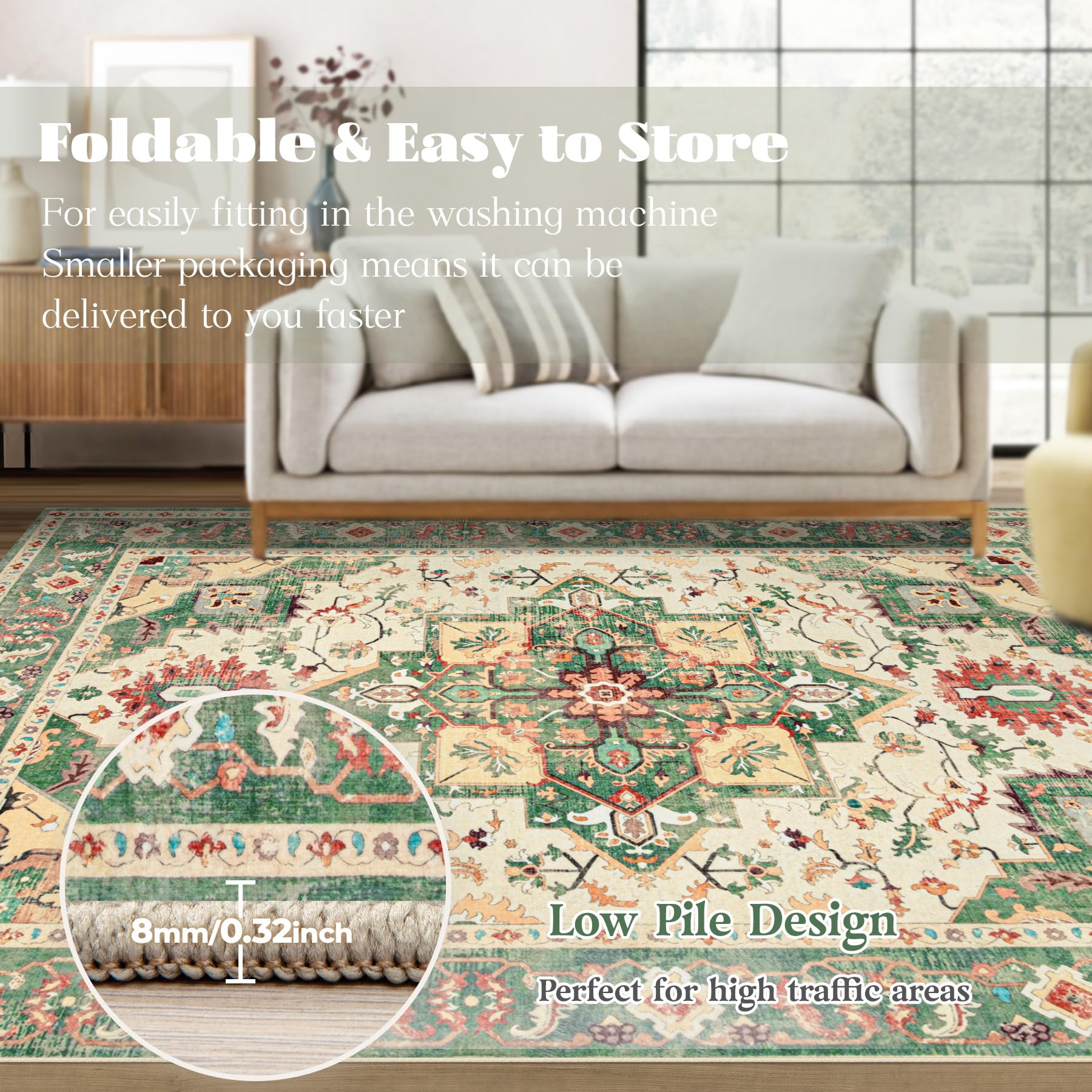 VECARF Area Rug 8x10 Washable Rug, Vintage Boho Medallion Rugs Non-Slip Soft Low Pile Large Distressed Rug Indoor Retro Carpet for Living Room Bedroom Dining Room Home Office (Green Beige, 8'x10')
