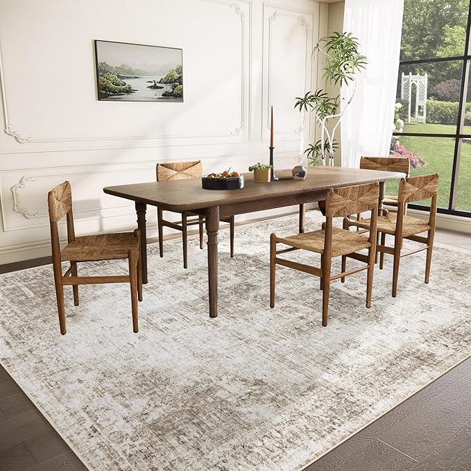 VECARF Area Rug 8x10 Washable Rug, Vintage Boho Medallion Rugs Non-Slip Soft Low Pile Large Distressed Rug Indoor Retro Carpet for Living Room Bedroom Dining Room Home Office (Taupe, 8'x10')