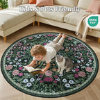 Round Area Rug for Living Room: 6 ft Floral Washable Circle Rug Soft Boho Non-Slip Carpet Indoor Stain Resistant Low Pile Small Circular Rug for Bedroom Entryway Kitchen Nursery Home Office Dark Green