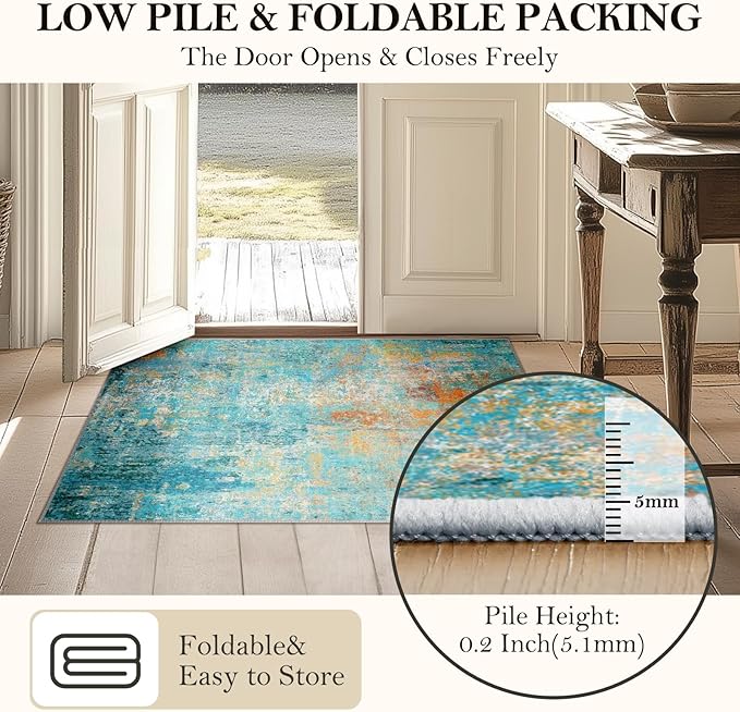 Washable Area Rugs Square 8ft Non-Slip Modern Abstract Soft for Living Room Entryway Bedroom Nursery, Print Pattern, Teal Blue Green Orange Rust Red Coloreful