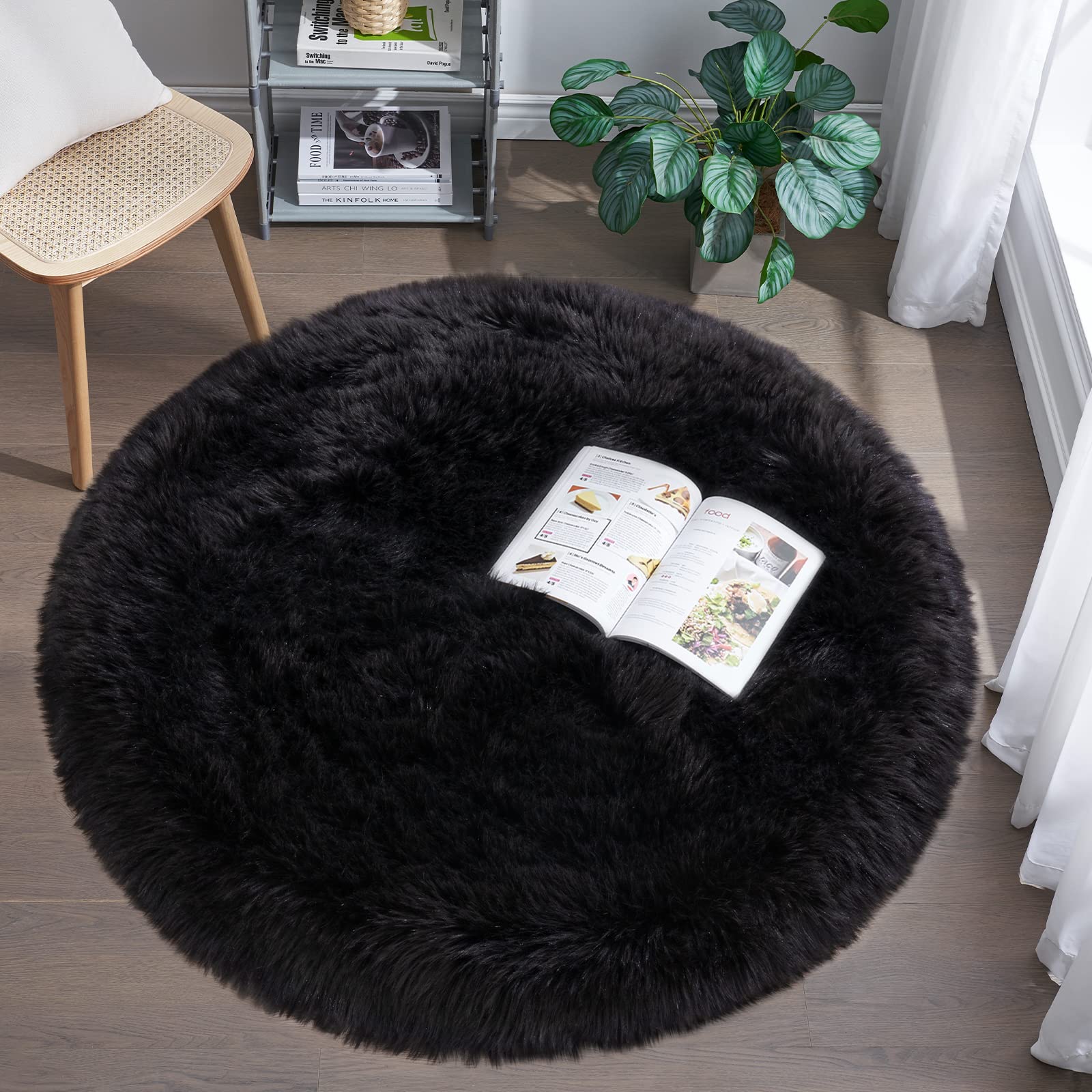 Tangsoo Round Faux Fur Rugs,Sheepskin Round Rugs 3ft,Soft Black Circle Rug