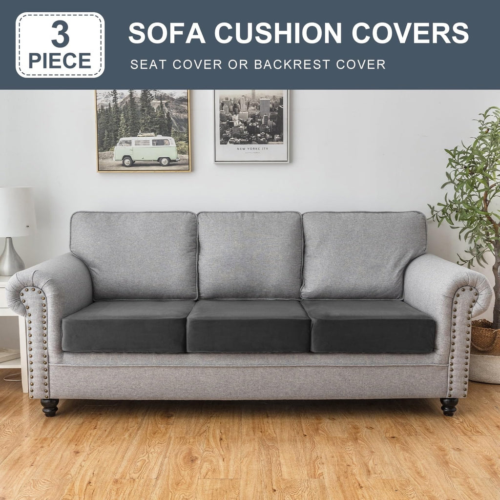 Taque Couch Cover Stretch Velvet Sofa Cushion Cover 3-Piece - Elastic Washable Slipcover for Seat or Backrest, Couch Seat Covers for Sofas (Grey)