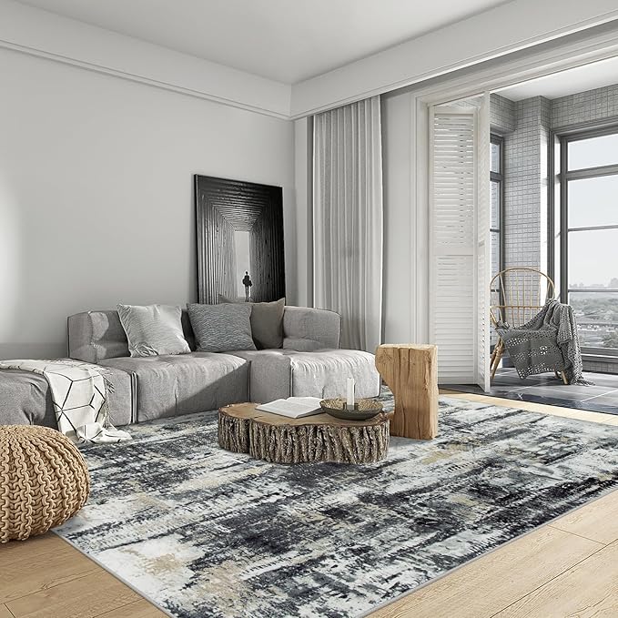 9x12 Area Rugs Washable Rug: Modern Abstract Living Room Rug Soft Anti-Skid Thin Carpet Indoor Floor Non-Shedding Carpets for Bedroom Dining Room Farmhouse Nursery Home Office Black Grey Gold