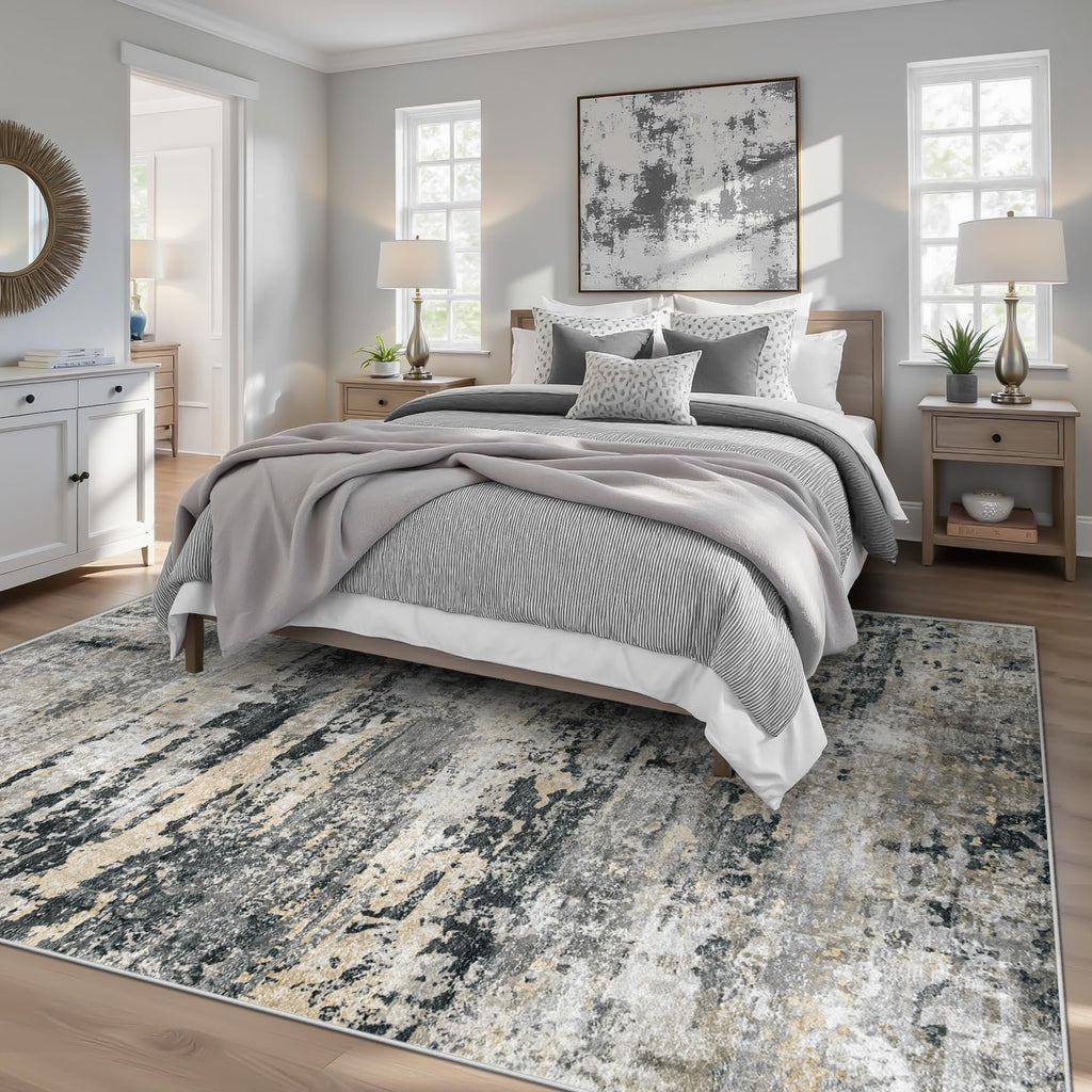 pmtsns Area Rugs 5x7 for Living Room: Washable Rug Modern Abstract Neutral Soft Non-Slip Low-Pile Indoor Carpet for Bedroom Dining Room Playroom Home Office (Black Grey Brown, 5'x7')