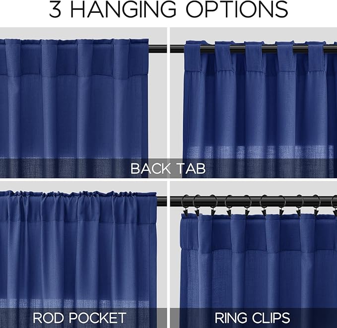 Nanspring Classic Blue Linen Curtains 102 Inches Long Rod Pocket Back Tab Drapes 2 Panels Set for Living Room Bedroom Light Filtering Semi Sheer Classic Blue Curtain 102 Length for Patio Door 52x102