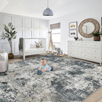 9x12 Area Rug for Living Room, Washable Modern Abstract Large Area Rug Neutral Soft Non Slip Kids Rug Stain Resistant Indoor Carpet for Bedroom Dining Room Playroom Office(GreyWhite, 9'x12')