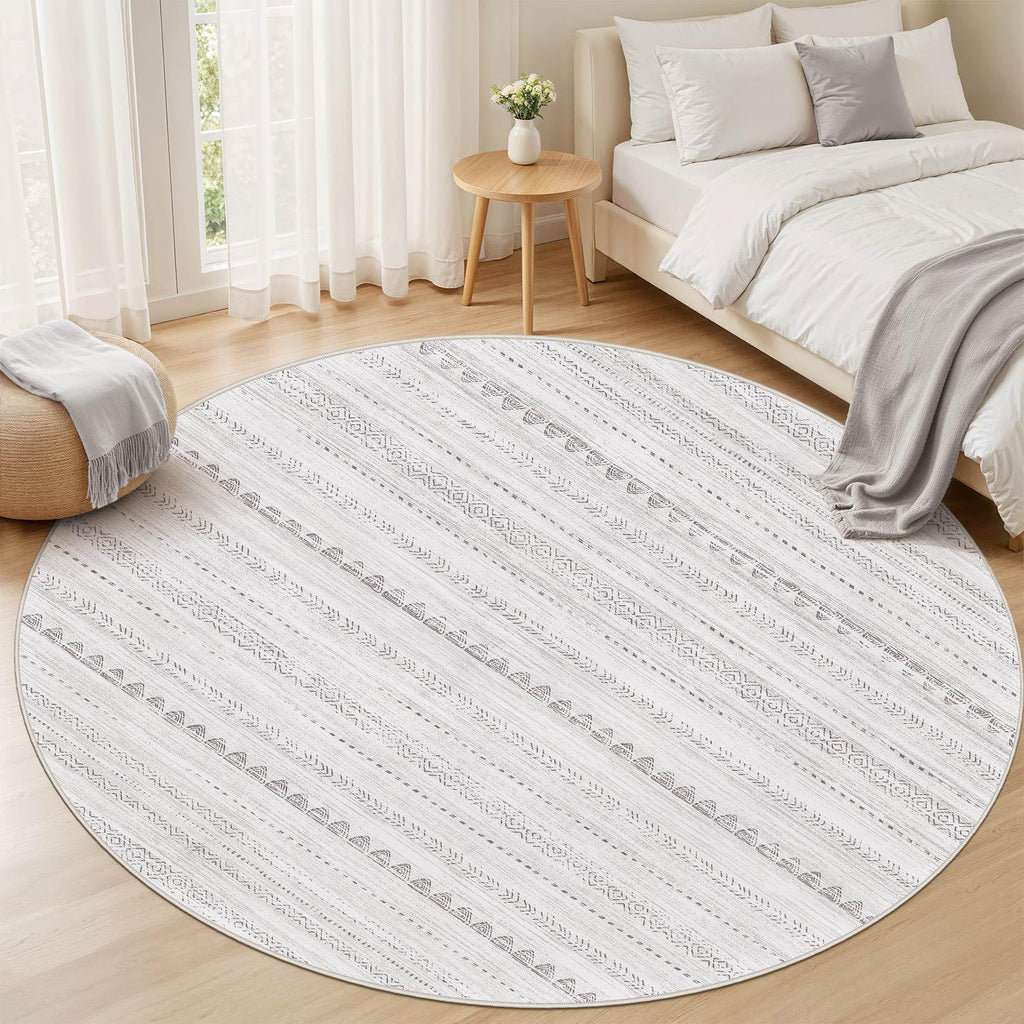 Nakagishi Round Rug Boho Area Rugs: 6x6 Washable Large Circle Neutral Soft Stain Resistant Non-Slip Carpet for Women Aged 25-45 Farmhouse Decor Enthusiasts - Living Room Bedroom Dining Room Nursery
