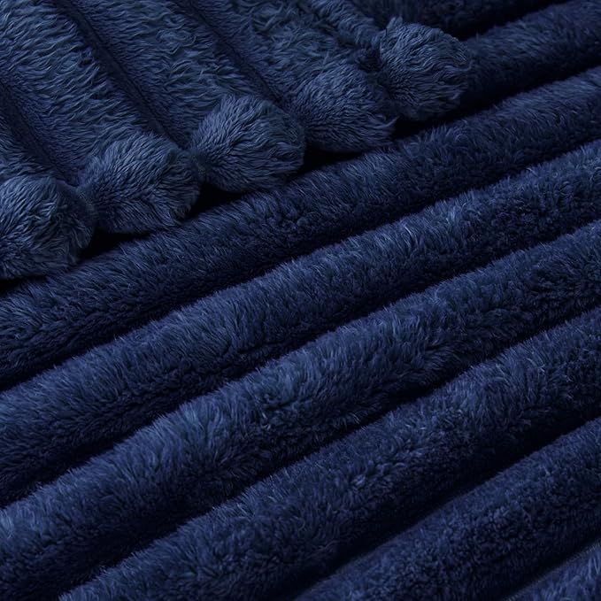 Exclusivo Mezcla Fleece Throw Blanket for Couch, Super Soft Striped Jacquard Bed Blanket, Lightweight Fuzzy Cozy for All Seasons, 50x60 Inches, Navy Blue