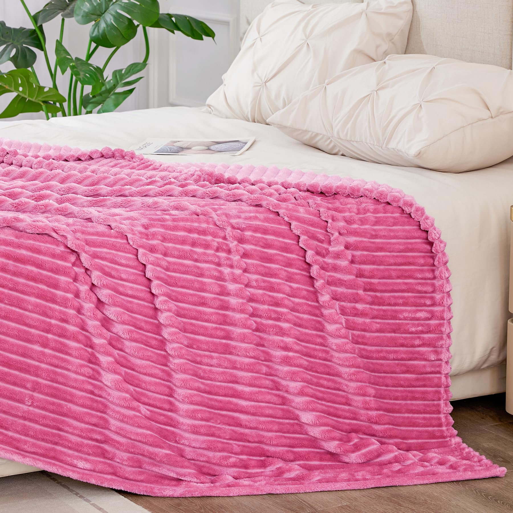 BEDELITE 3D Ribbed Jacquard Hot Pink King Size Blanket for Bed, 108x90 Inch