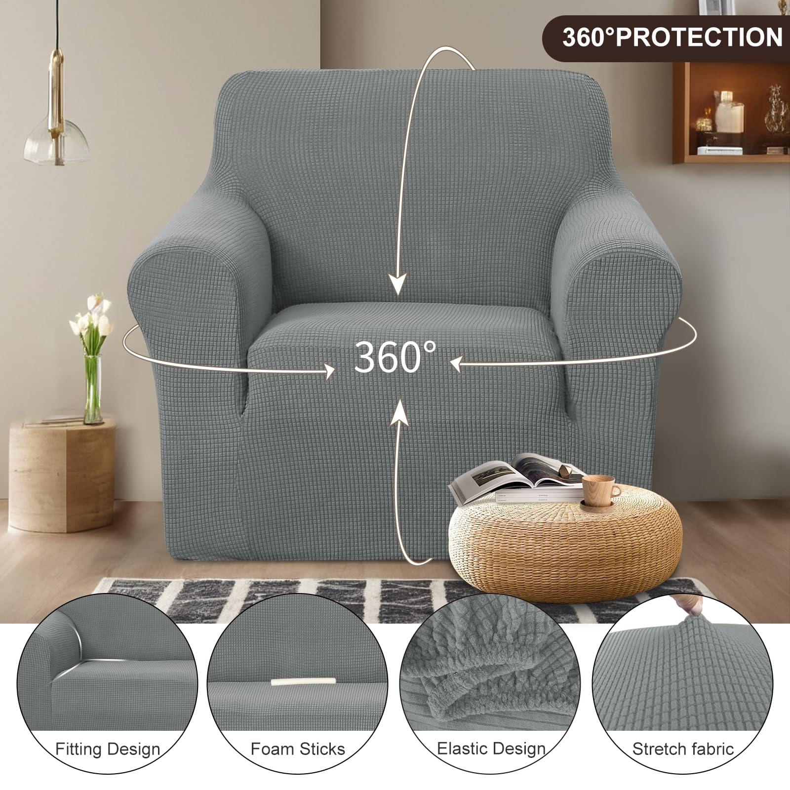 U-NICE HOME Stretch Recliner Chair Cover Armchair Slipcover, Grey