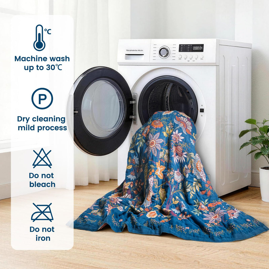 MSGKV Boho Throw Blanket 50"x60" Summer Cotton Blue Floral Throw for Couch