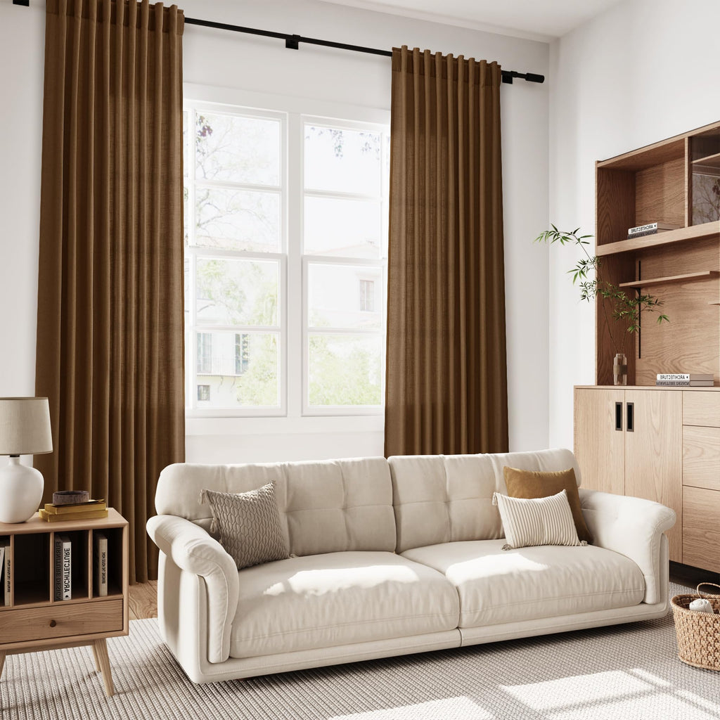 Tobacco Brown Linen Curtains 102 Inches Rod Pocket Back Tab Drapes 2 Panels Set for Living Room Bedroom Light Filtering Semi Sheer Tobacco Brown Curtain 102 Length for Patio Door 52x102