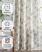 jinchan Linen Curtains Floral Curtain 84 Inch Length for Living Room Bedroom Light Filtering Rod Pocket Back Tab Jacobean Curtains Flax Linen Texture Window Drapes Set 2 Panels Black on Linen