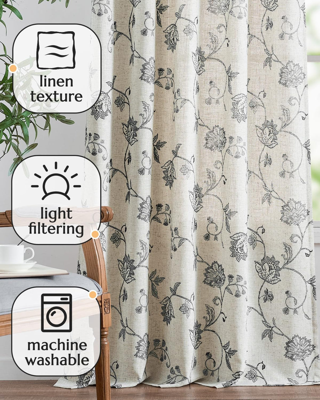 Jinchan Linen Floral Curtains 63 Inch Length for Living Room & Bedroom - Light Filtering Rod Pocket Back Tab Jacobean Curtains Flax Linen Texture Window Drapes Set 2 Panels Black on Linen