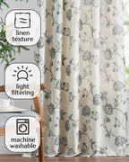 Jinchan Linen Floral Curtains 63 Inch Length for Living Room & Bedroom - Light Filtering Rod Pocket Back Tab Jacobean Curtains Flax Linen Texture Window Drapes Set 2 Panels Black on Linen
