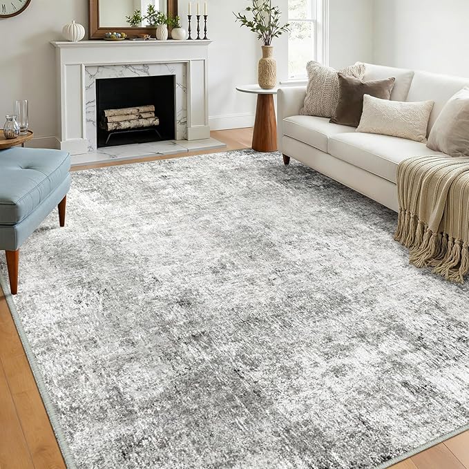 Washable Area Rugs 9'x12' Non-Slip Modern Abstract Soft for Living Room Entryway Bedroom Nursery, Print Pattern, Gray White Grey