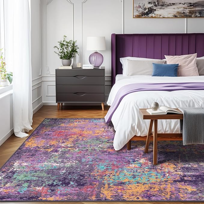 RELEANY Washable 5'x7' Abstract Area Rug for Living Room Purple Multi