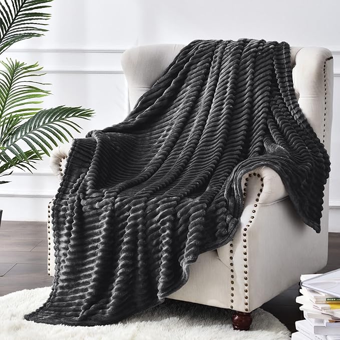 BEDELITE 3D Ribbed Jacquard Black Full Size Blankes for Bed, 84x90 Inch