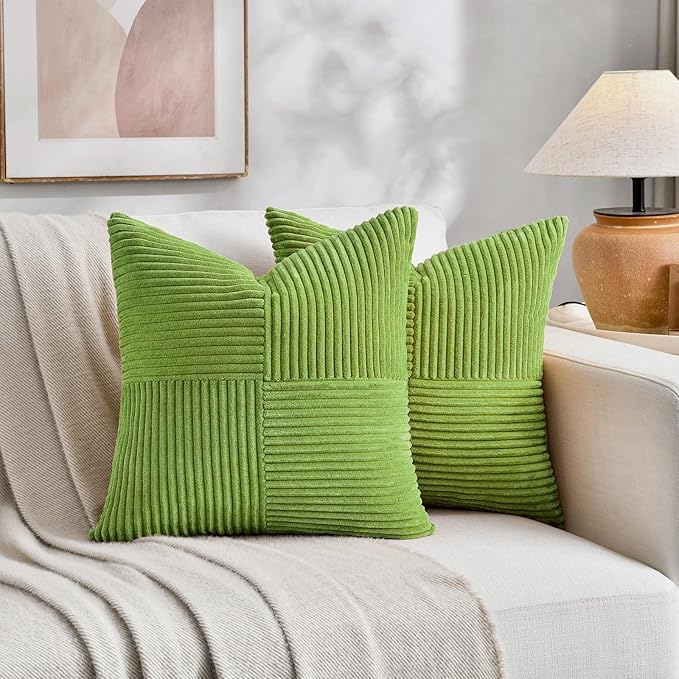 Fancy Homi Set of 2 Lime Green Euro Decorative Throw Pillow Covers 26x26 Inch for Bedroom Couch Bed, Farmhouse Boho Home Decor, Soft Cross Corduroy Patchwork Textured Square Cushion Case 66x66 cm