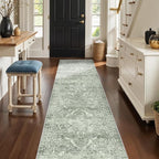 Washable 3x12 Runner Rug - Non-Slip Vintage Runner Rug for Entryway Low-Pile Medallion Long Rugs for Hallway Waterproof Traditional Runner Rugs Indoor Thin Rug for Kitchen (Muted Sage Green)