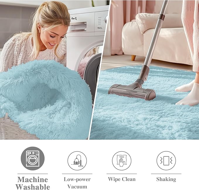 OLANLY Light Blue Round Rugs for Bedroom - Machine Washable, 4 ft Circle Area Rugs for Living Room, Soft and Fluffy Shaggy Carpet for Teen Girl and Boys, Nursery Rooms, Dorms, Home Decor Aesthetic