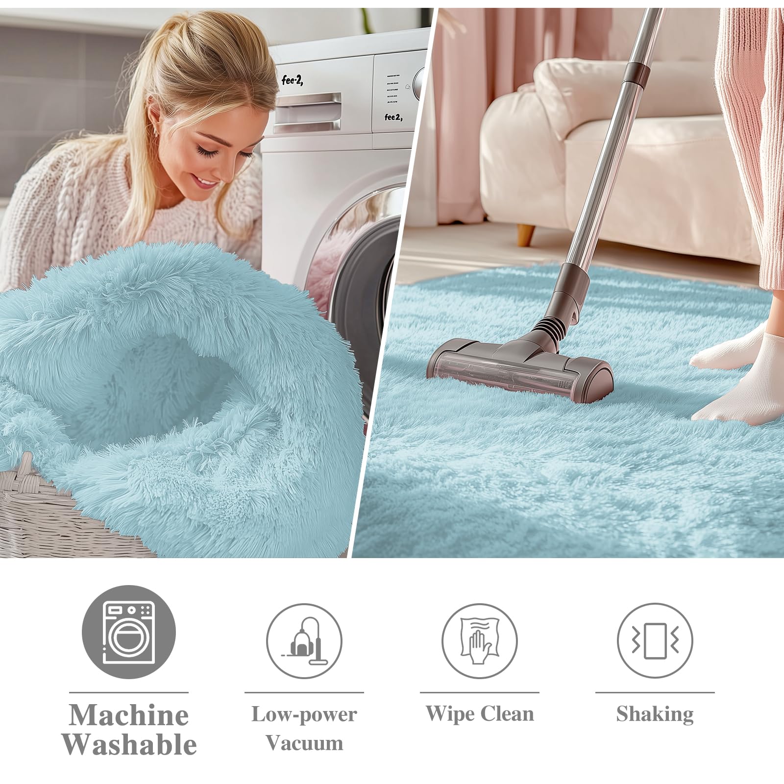 OLANLY Light Blue Round Rugs for Bedroom - Machine Washable, 4 ft Circle Area Rugs for Living Room, Soft and Fluffy Shaggy Carpet for Teen Girl and Boys, Nursery Rooms, Dorms, Home Decor Aesthetic