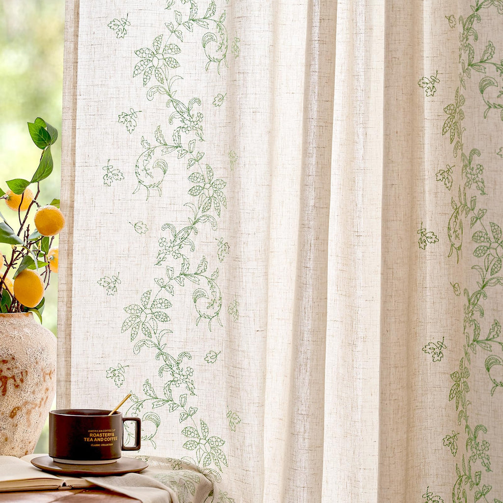 jinchan Floral Linen Curtains 84 Inch Farmhouse Back Tab 2 Panels
