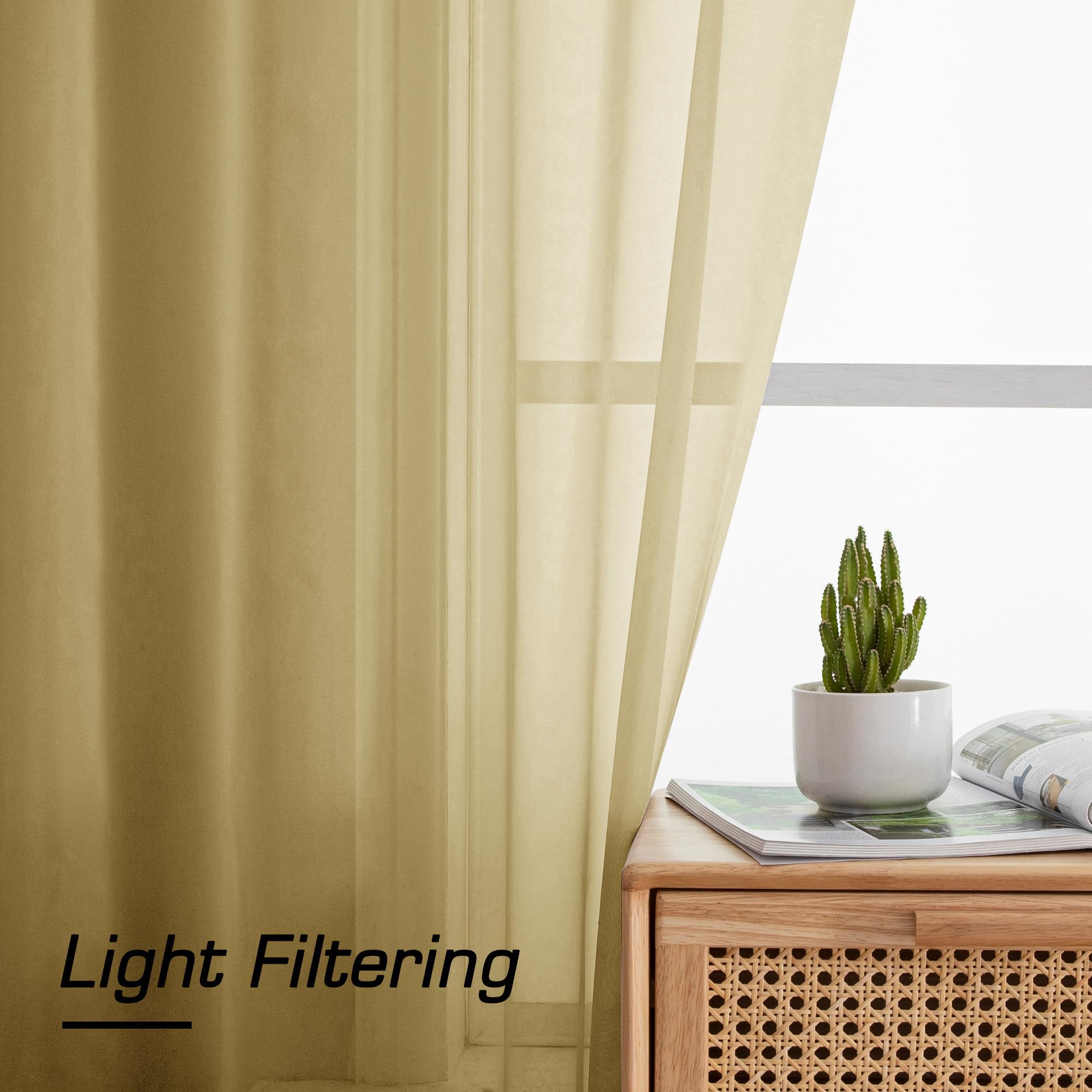 Simplebrand Gold Sheer Curtains 96 Inches Long, Light Filtering Rod Pocket Solid Color Window Sheer Curtain Panels, Elegant Curtains & Drapes for Living Room, Bedroom 2 Panels, 59" W x 96" L