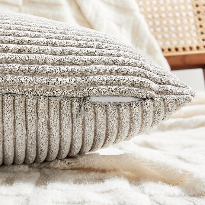 Fancy Homi 2 Packs Neutral Grey Lumbar Decorative Throw Pillow Covers 12x24 Inch for Living Room Couch Bed Sofa, Farmhouse Home Decor, Soft Striped Corduroy Rectangle Accent Cushion Case 30x60 cm