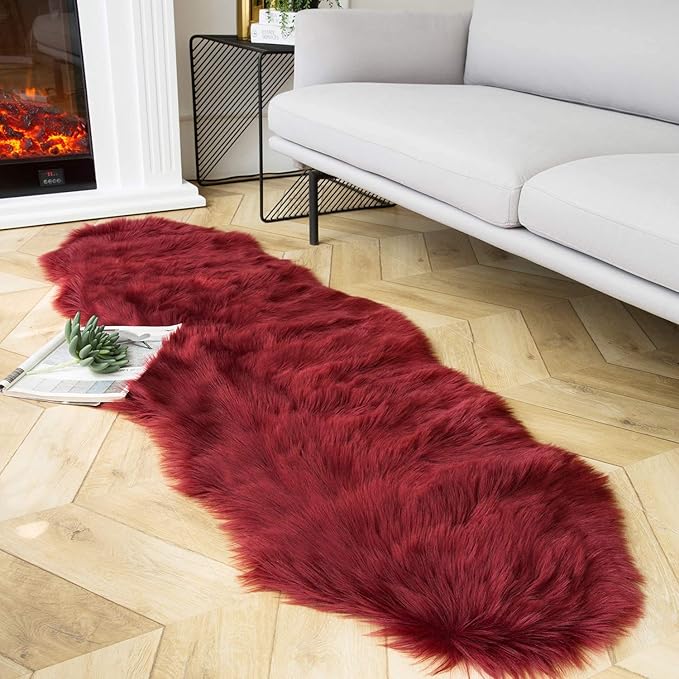 Ashler Faux Fur Rug, Deep Red Area Rugs, Fluffy Sheepskin Fur Rug, Fuzzy Ultra Soft 2 x 6 Ft Rugs, Machine Washable Shag Rug, Nursery Throw Rugs for Bed, Living Room