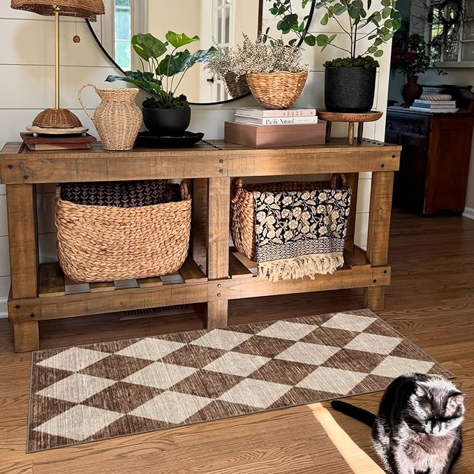 Othilic Front Door Mat Indoor Entrance - 2x4.3 Ft Brown Beige Diamond Rug