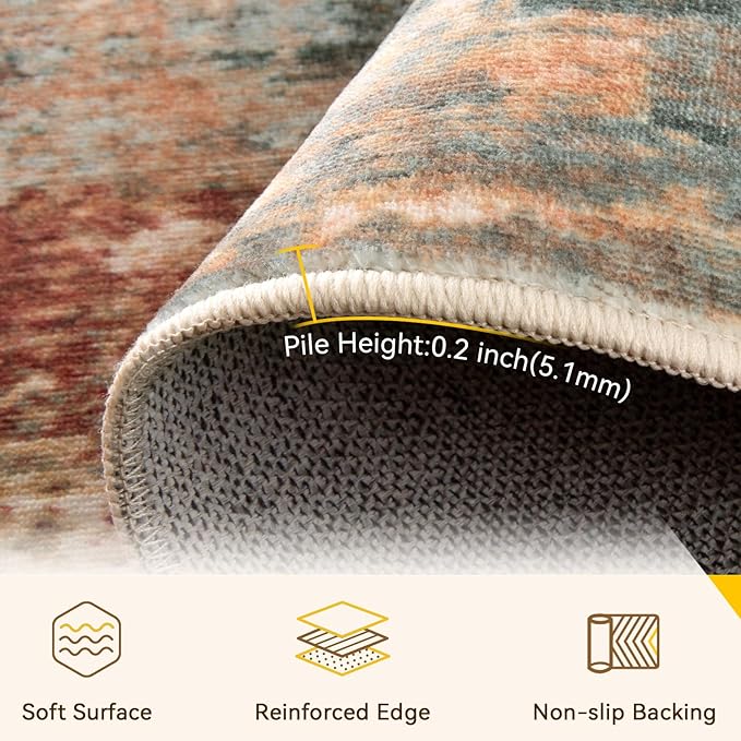 Washable Area Rugs 9'x12' Non-Slip Modern Abstract Soft for Living Room Entryway Bedroom Nursery, Print Pattern, Brown Rust Red Green Blue Multi