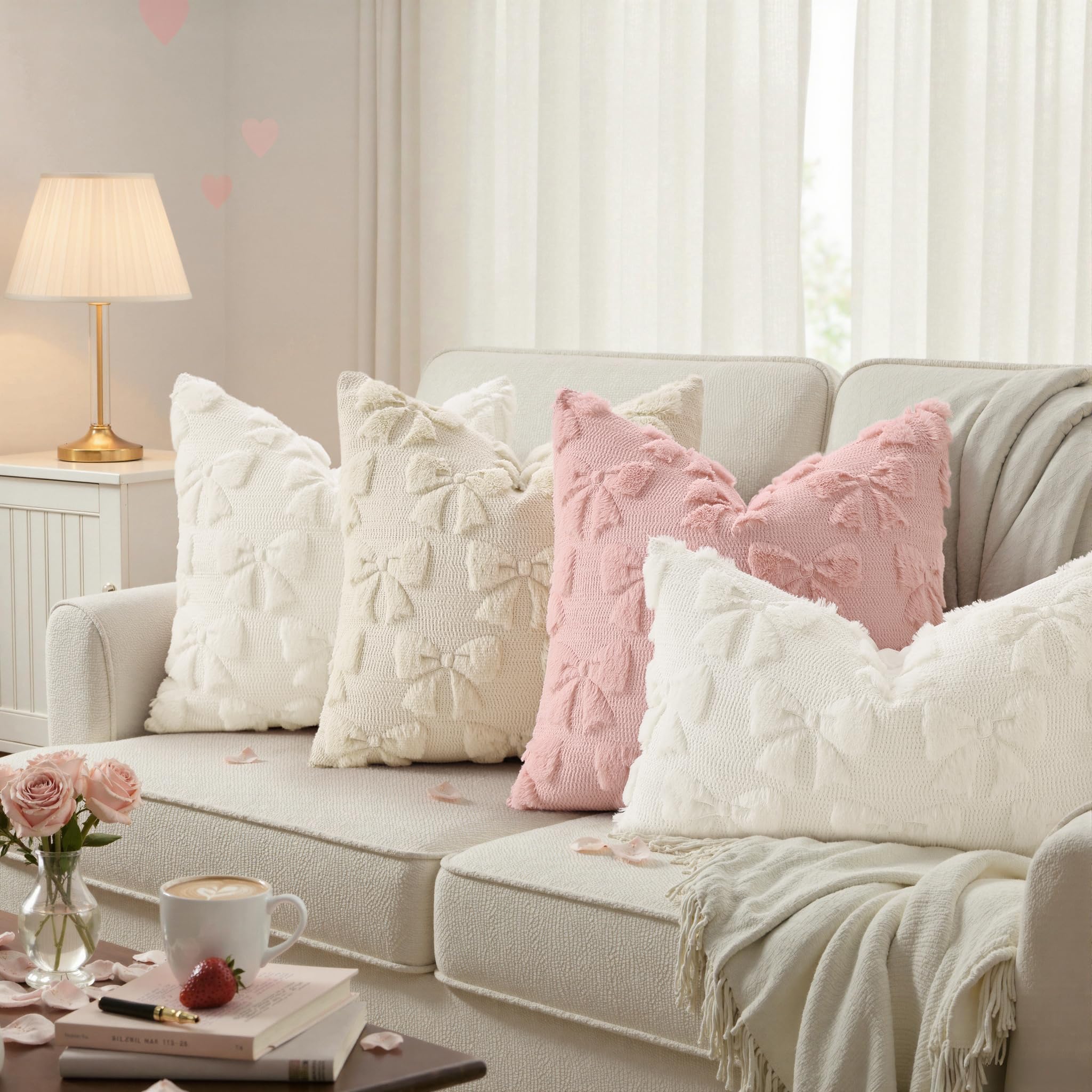 decorUhome Beige Bow Cute Girl Faux Fur Throw Pillow Covers 18x18 Set of 2